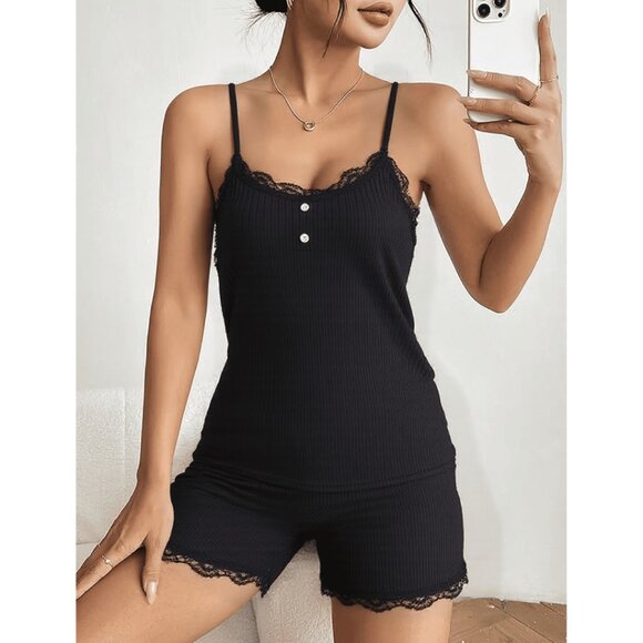 Women 2-Piece Pajama Set – Ribbed Cami & Shorts Sleepwear with Lace Trim | Soft - Picture 4 of 7